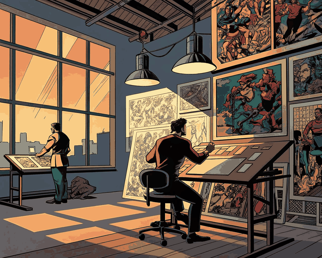 Dynamic Comic Book Hero and Villain Character Illustration