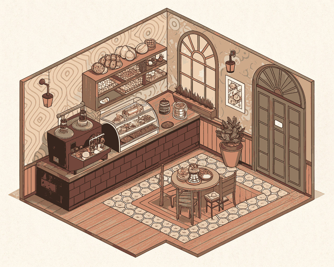 Hand-Drawn Isometric Coffee Shop Scene for Local Brands