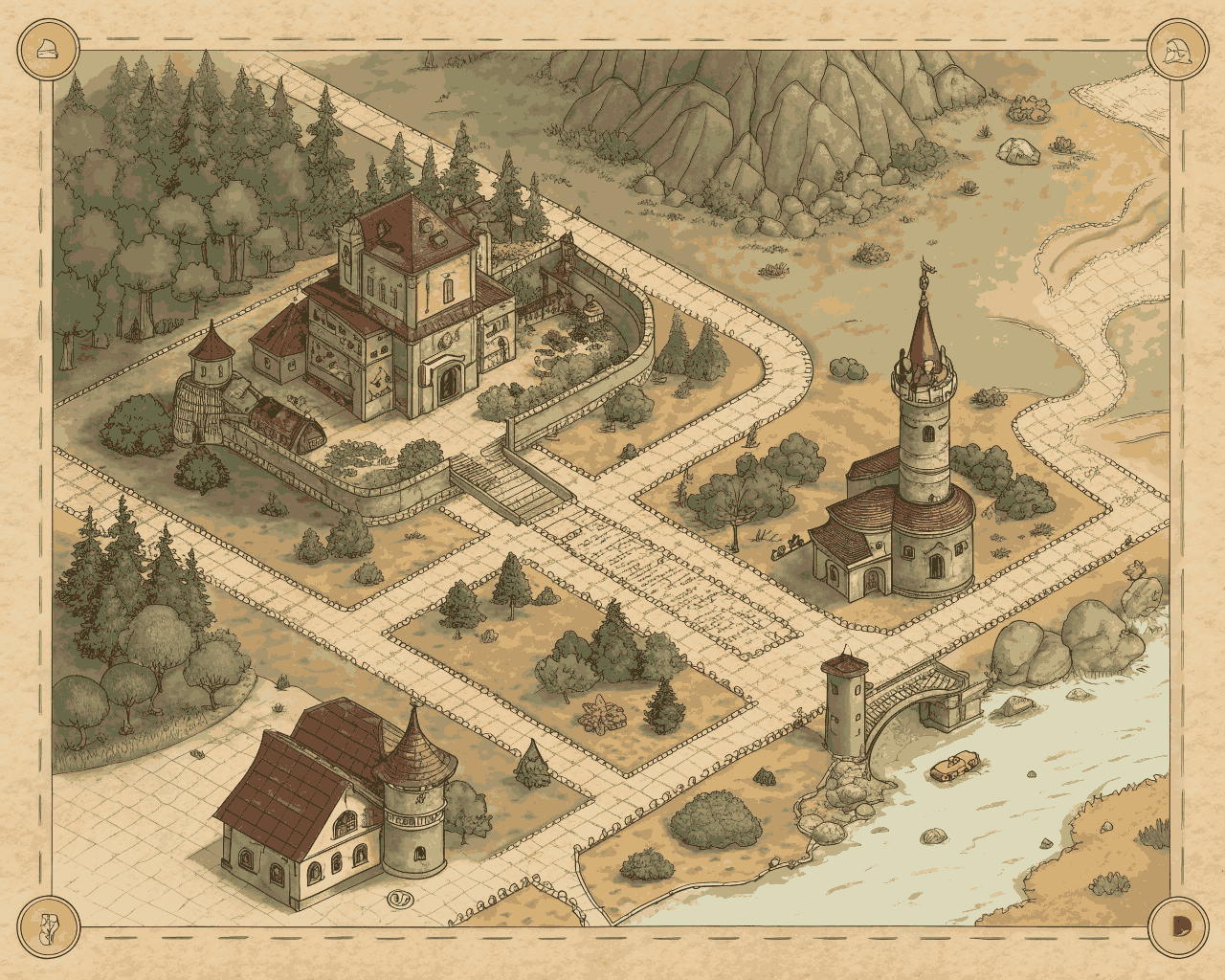 Hand-Drawn Isometric Neighborhood Map for Board Games