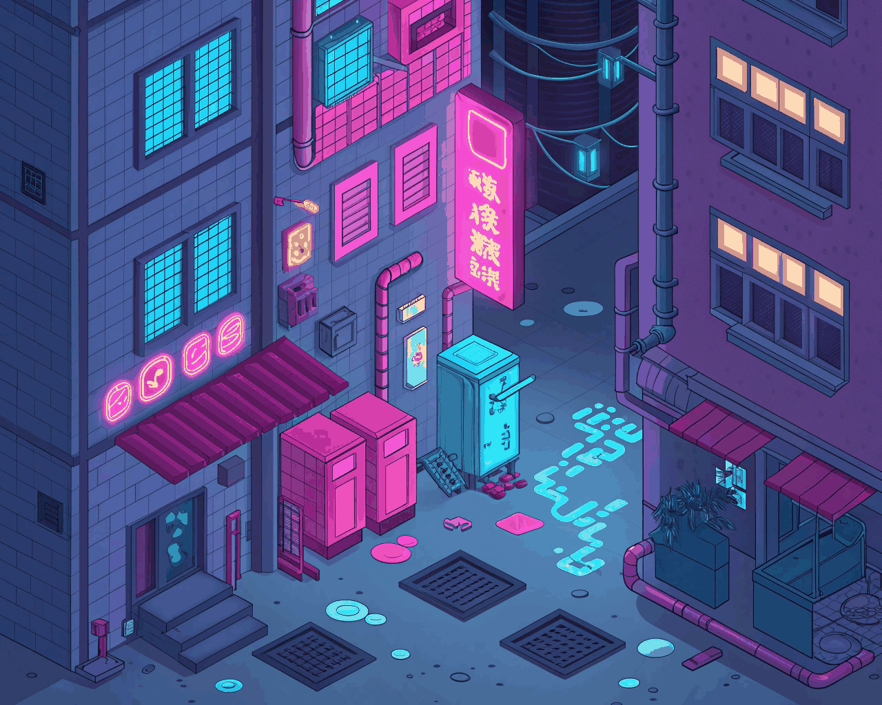 Isometric Cyberpunk Alley Scene for Graphic Novels