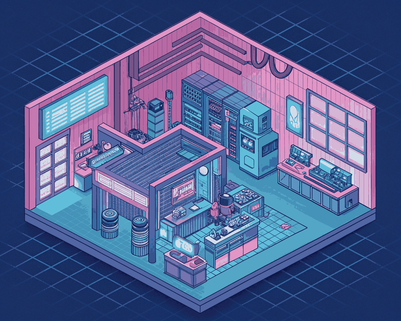 Isometric Cyberpunk Interior Concepts for Animatics