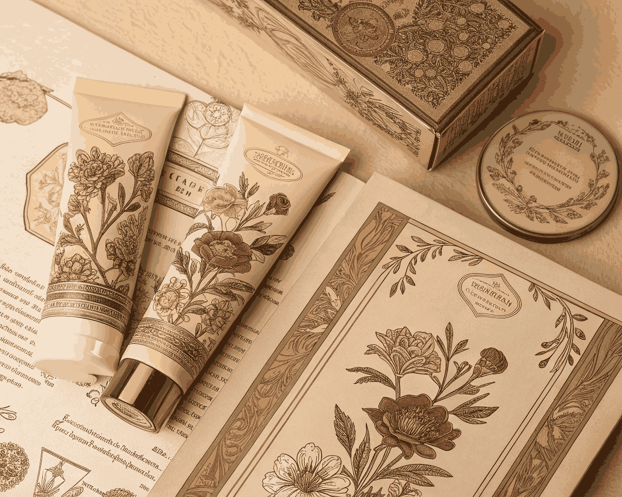Vintage-Inspired Cosmetic Box and Label Set for Indie Brands